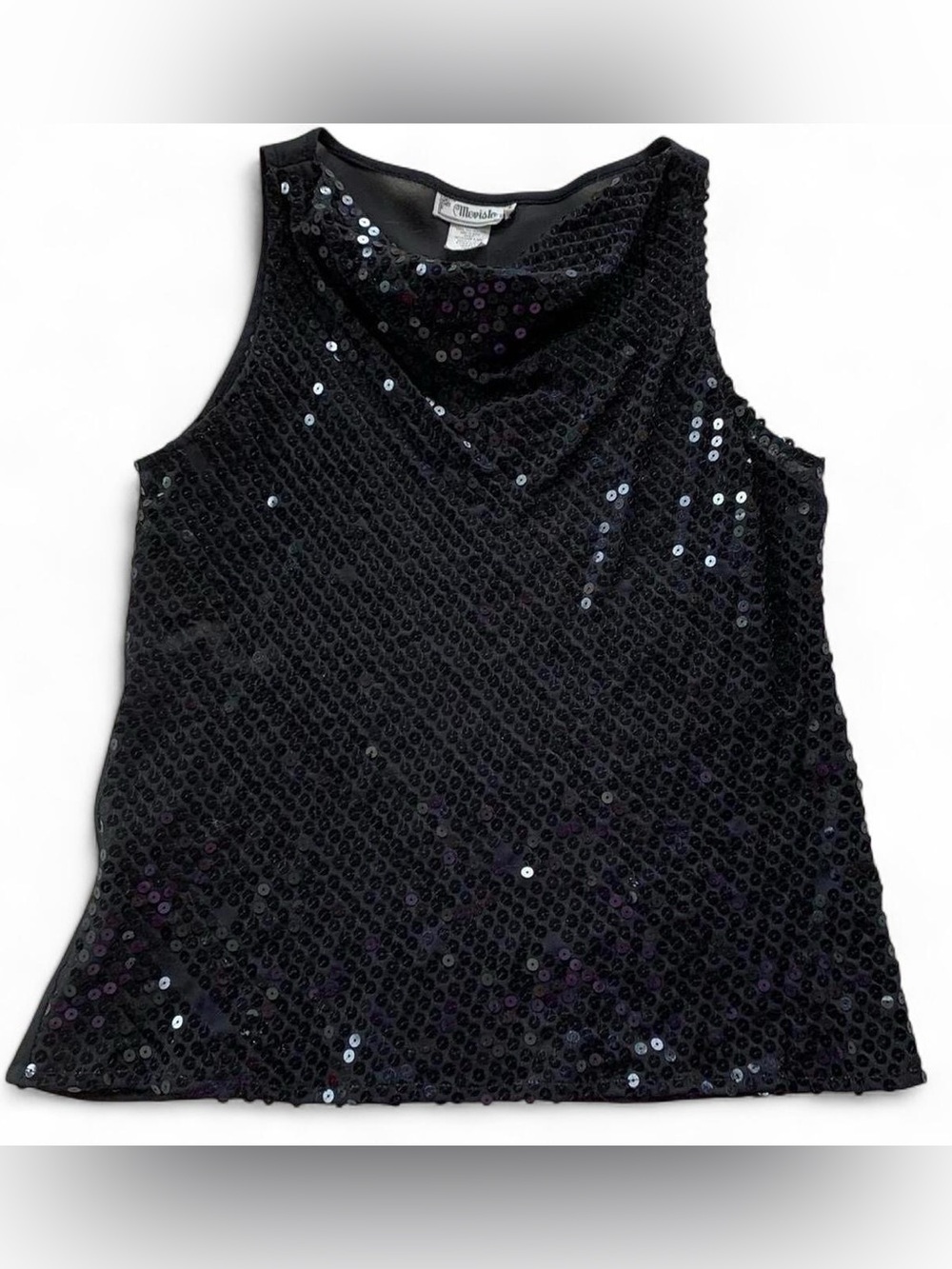 Vintage 90s/Y2K Mevisto Black Sequin Cowl Neck Going Out Top Size 8